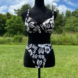 Vintage 90s Y2K Bikini Med Black White Hawaiian Flower High Cut 2 Piece Swimsuit